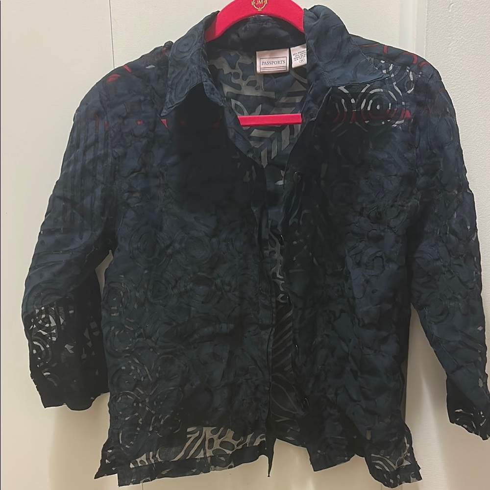 Navy Blue Sheer Button-Up Blouse